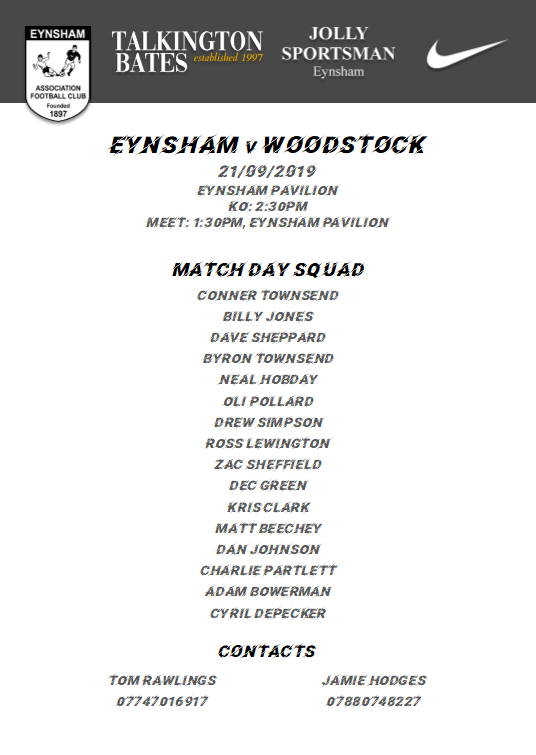 eynshamfc's tweet photo. Match day squad for the game against Woodstock at home on saturday. 2:30pm kick off, Eynsham Pavilion https://t.co/tXXdH6CRkF