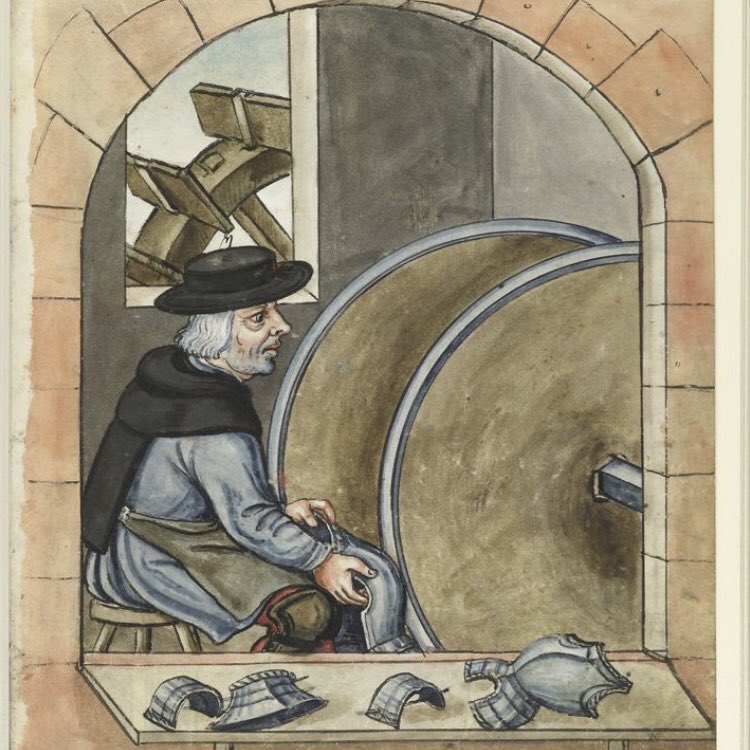 Getting ready for the Fifth Antique Arms Fair in Olympia, this Saturday 21st September. Hans Muller of Nuremburg is shown here polishing armour around 1563. Sadly he is unable to join us this year but rest assured there will be many others bringing their treasures for sale.