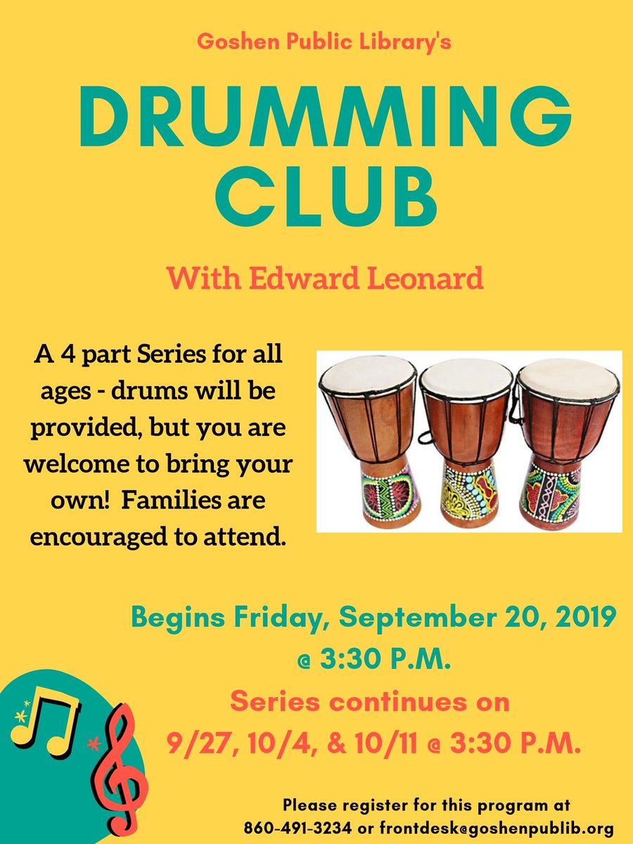 GoshenPubLibCT's tweet image. Have you signed up for Drumming Club yet? Your first chance to start learning is tomorrow at 3:30 - all ages are welcome! #learndrumming #drummingclass