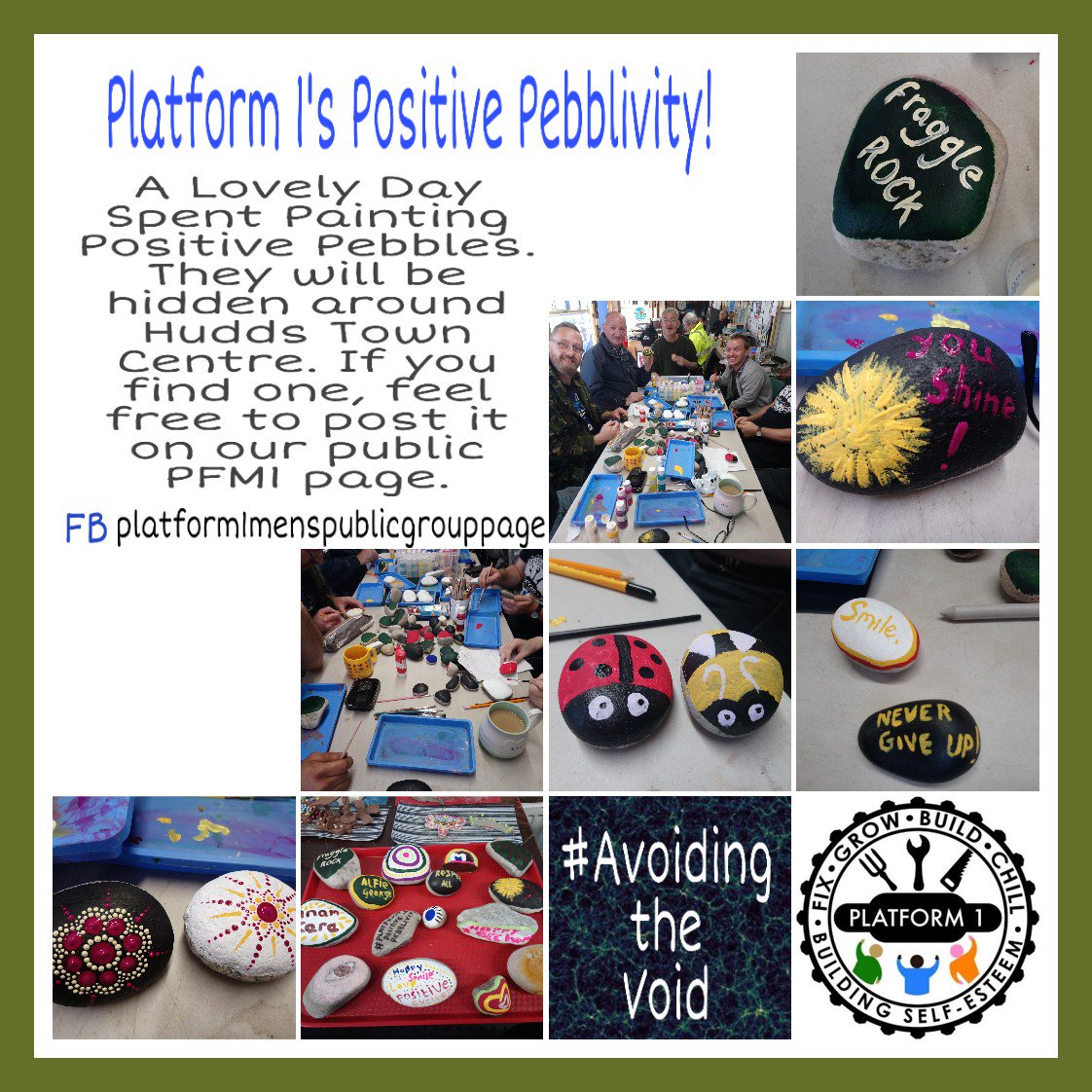 Platform_1_HD1's tweet photo. An absolutely SUPER day - creating, laughing, connecting. The lads at Platform 1 have created Positivity Pebbles! #promotingpositivity #kirklees #thursdayvibes #charity #MentalHealthMatters #paintingpebbles #positivity #connecting #bonding #avoidingthevoid #huddersfieldis #laugh https://t.co/W4zqdRIsQb