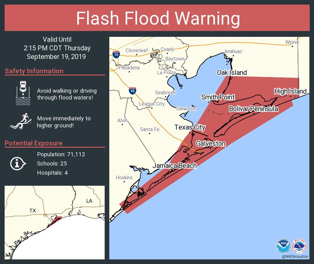 Flash Flood Warning including Galveston TX, Texas City TX, Bolivar Peninsula TX until 215 PM