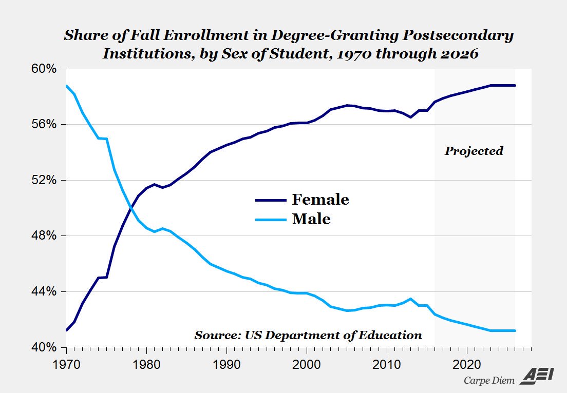 Now look at this chart for college by genderThese are tectonic forces. The world is changing shape.We need a cultural and societal upgrade to handle these changes because right now we don't even have common language to articulate the crisis.