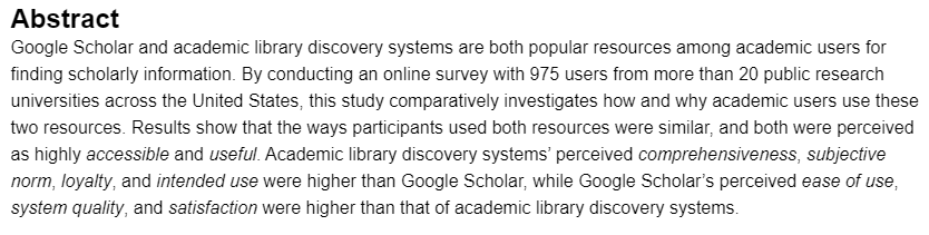 alkekarlene's tweet photo. "A Comparative Study of Perceptions and Use of #GoogleScholar and #AcademicLibrary #DiscoverySystems" by Kyong Eun Oh, Mónica Colón-Aguirre in @CRL_ACRL https://t.co/vwpxqAppfa https://t.co/27spP2AnJU