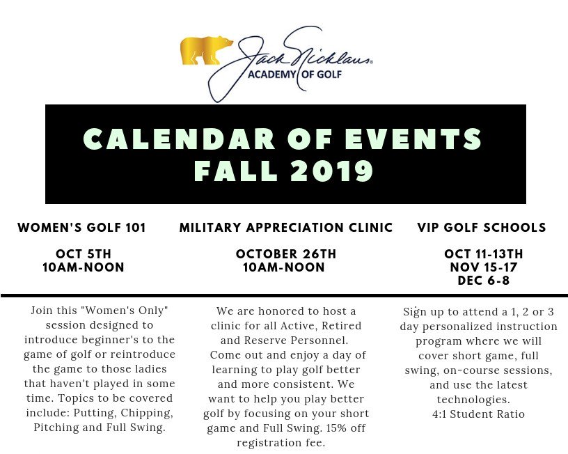 Our Fall Calendar of Events has been posted to our website, register online and come out and enjoy training with our Instructors on making your golf game "great"!  

nicklausacademyorlando.com