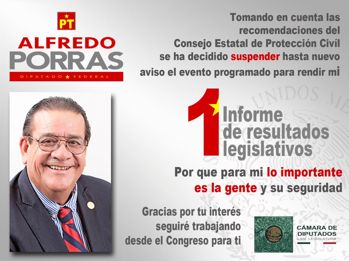 #AvisoImportante II Debido al fenómeno meteorológico que se acerca a las costas de nuestra entidad y priorizando la seguridad de todos, se #Suspende hasta nuevo aviso el evento programado para rendir nuestro informe, extremen precauciones y estemos atentos 
#LoImportanteEsLaGente