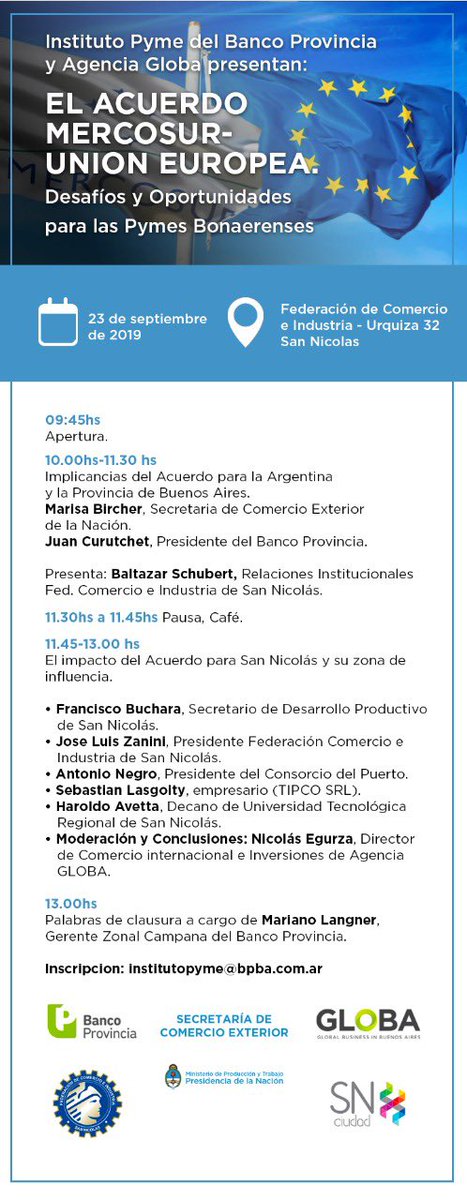 ¡Los esperamos el próximo Lunes 23/09 en #SanNicolás con una charla sobre el Acuerdo MERCOSUR- UE: “Desafíos y Oportunidades para las Pymes Bonaerenses”! #GLOBA