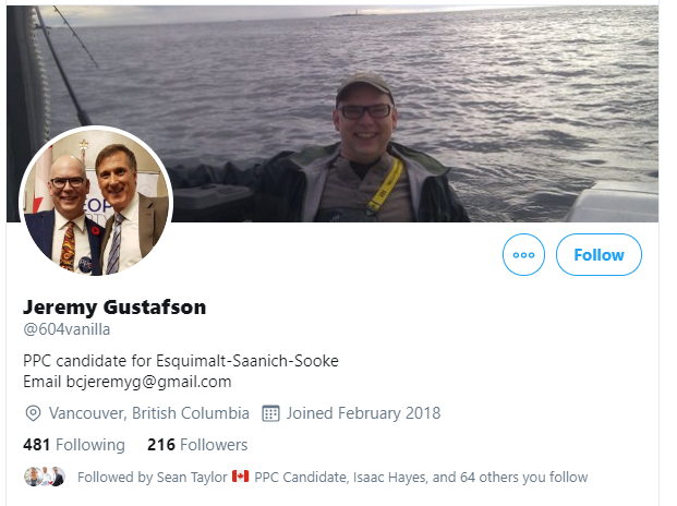 ppclists's tweet photo. We have just added the Twitter account for:
Nous venons d’ajouter le compte Twitter de:

Jeremy Gustafson
@604vanilla
Esquimalt-Saanich-Sooke, BC

to these lists: / à ces listes:
2019 Candidates: https://t.co/HqntTfIfSt
BC EDAs: https://t.co/ck9FsSxEbr https://t.co/YSPXS84eHn