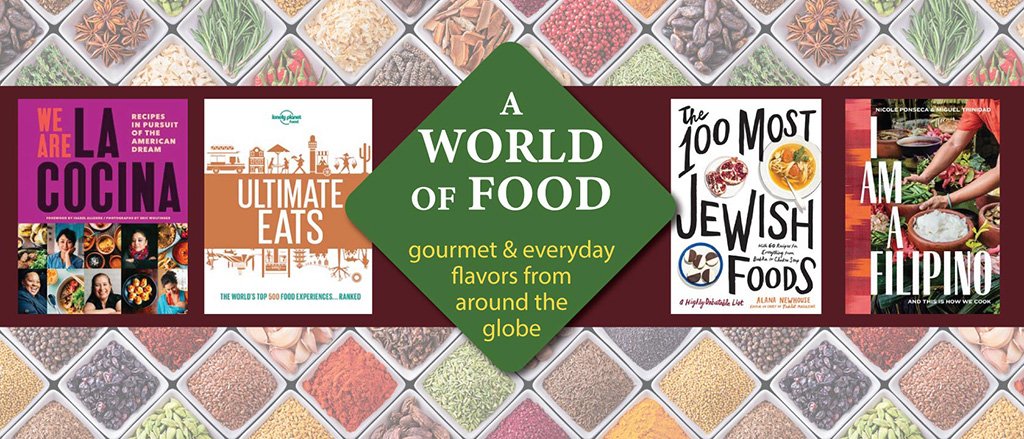 a collage of cookbook covers against a background of foods photos