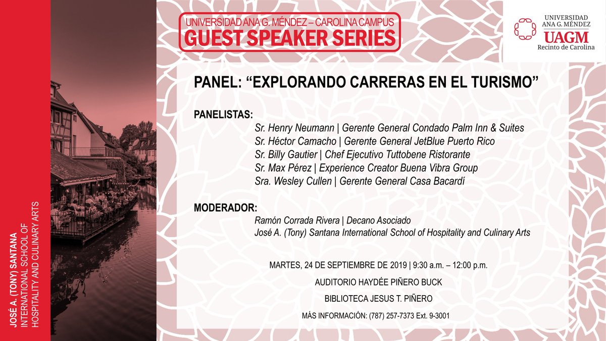 Si estas explorando o considerando una carrera en el área del turismo, no te pierdas este panel el próximo martes 24 de septiembre en la @UAGM_Carolina con la participación de diversos profesionales representando sectores de nuestra industria. #elturismonosune #mesdelturismo