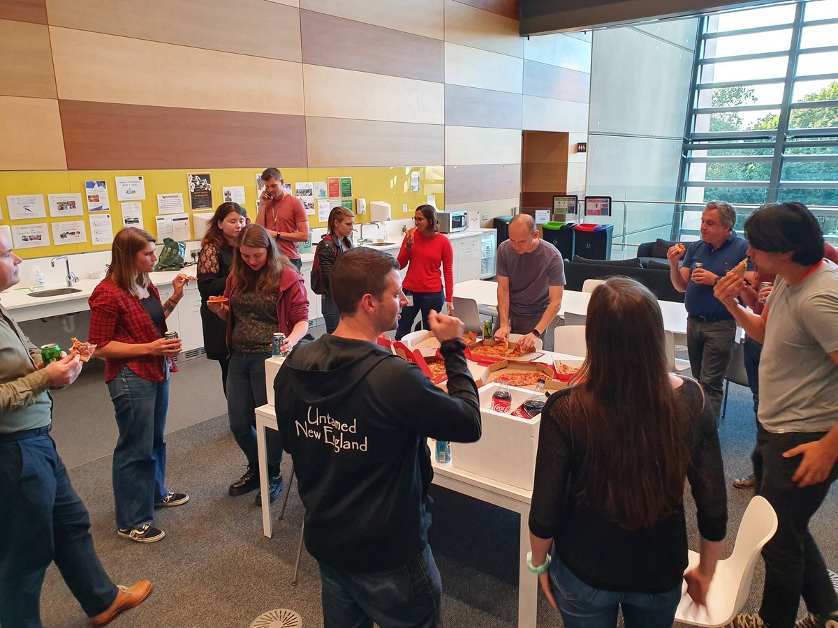 CrickAIClub's tweet image. The end of a long day&apos;s work at the #CrickDataChallenge - the teams catching up over pizza along with  @TheCrick&apos;s HPC team who have set up and kept things running behind the scenes.