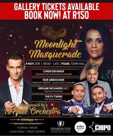 9 Nov 2019
18:30
Paarl Townhall Gallery Tickets are available @ R150. Book now to avoid dissapointment.
<a href="/Lerasmu/">Loren Erasmus</a>
<a href="/AbrahamsNur/">Nur Abrahams</a>
<a href="/pjtwins8/">#PJTWINS</a>
<a href="/GraemeRichards/">@GraemeRichards</a>
<a href="/PaarlEvents/">PaarlEvents</a>