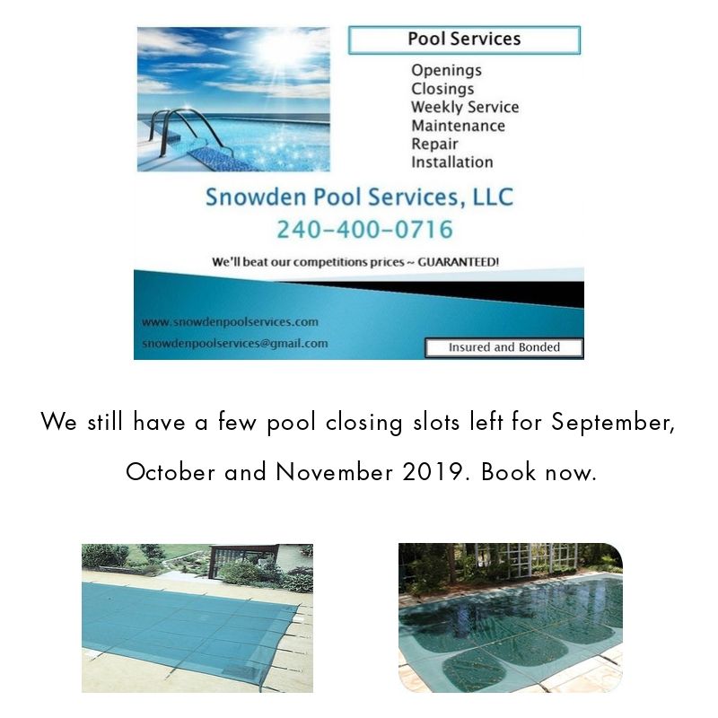SnowdenPoolSvcs's tweet photo. We still have a few pool closing slots left for September, October and November 2019. Book now. https://t.co/PFXAdshTZG