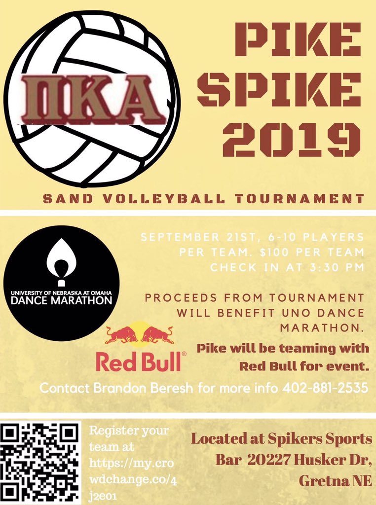 UNOpikes's tweet photo. Sign up your team if you haven’t already for this years Pike Spike! The new deadline is this Friday at 10 p.m! Everyone is welcome to join us for the event as well! #FTK #UNOPikeSpike https://t.co/KOI21E94ho