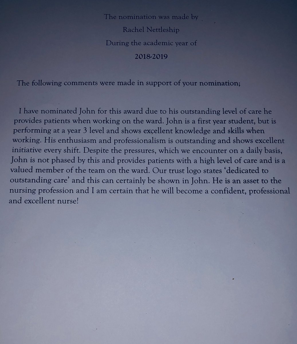 Started my first day back at <a href="/UoLNursing/">University of Lincoln Nursing</a> yesterday as a second year student nurse. I received this lovely award  from my last placement on ward 43 at <a href="/SFHFT/">Sherwood Forest Hospitals NHS FT</a>. It’s really nice to get amazing feedback. Would just like to thank <a href="/justinw19249337/">justin wyatt</a> for having me on his ward.