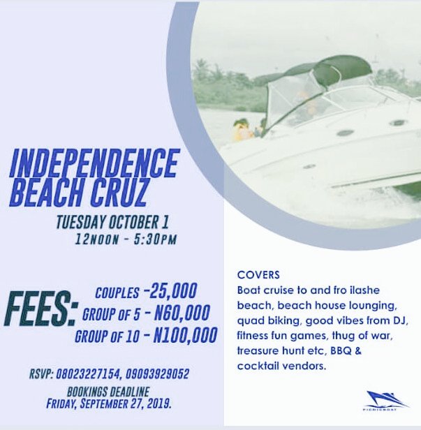 picnicmag's tweet photo. Tell  your group this weekend
#WaterIsLife 
the next public holiday Oct 1st 2019 Rock #Picncboat with your cool group &amp;like minds  #ilashebeach #Boatcruise #freeSmallchops #byob #jetskii #Quadbikes  #Bbq #beachwalks# bikinis #Beachhats 
#ThursdayThoughts 
#ThursdayMotivation https://t.co/CkK3b0WFRP