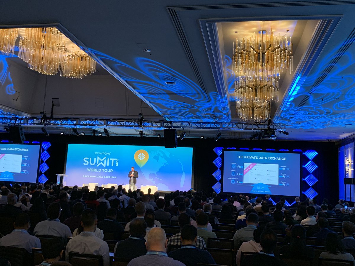 Snowflake's tweet image. Snowflake CEO, Frank Slootman teases #PrivateDataExchange coming soon on @SnowflakeDB to enable orgs to collaborate much more efficiently internally &amp;amp; w/ their private ecosystems and uncover value from internal #data #LetItSnow19
