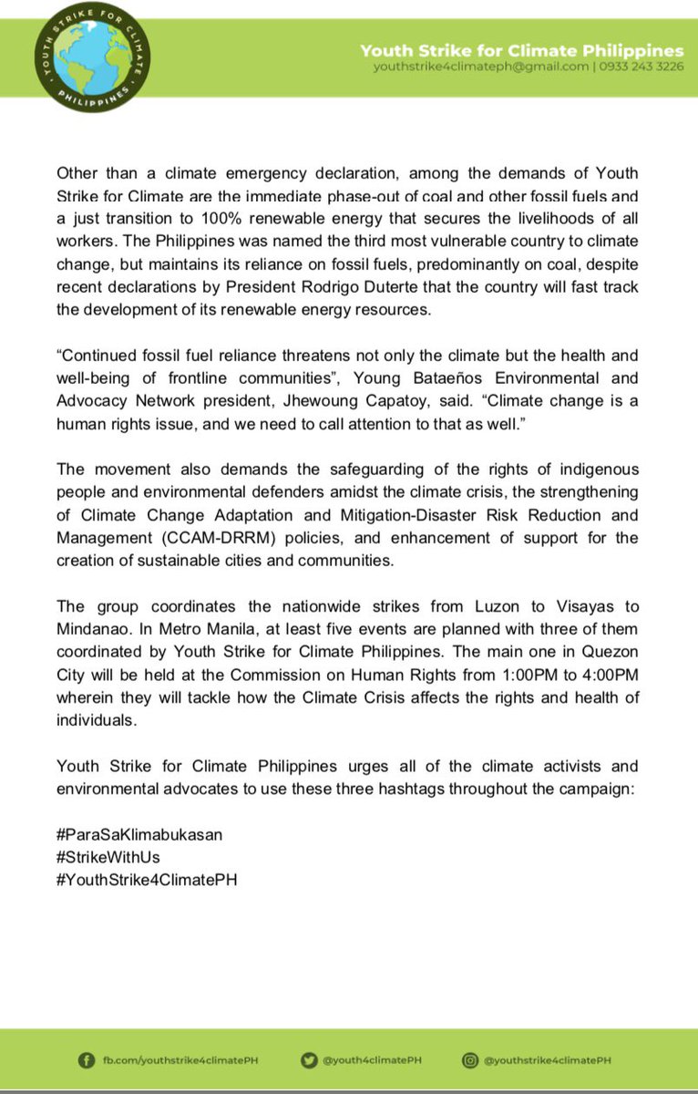 youth4climatePH's tweet image. PRESS RELEASE - Youth Strike for Climate Philippines demands phase out of fossil fuels, climate emergency declaration from PH government 

#ClimateStrike #ClimateStrikePH