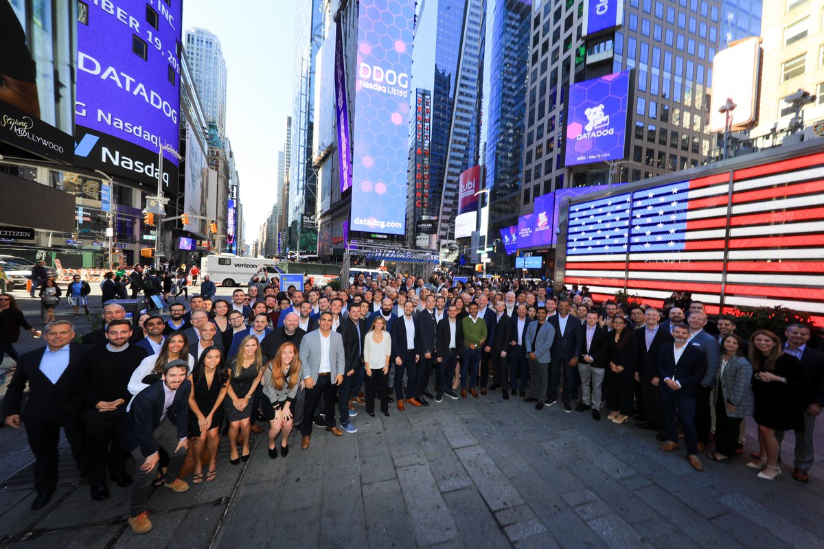 NasdaqExchange's tweet photo. Congrats to Datadog on their big IPO day! @DatadogHQ is a modern monitoring and analytics platform for developers, IT operations teams, and businesses in the cloud age. #DatadogIPO https://t.co/0PXjtXapis