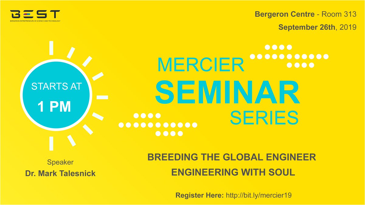 BEST_Lassonde's tweet photo. We are ready to kick-off the semester with our 5th Mercier Seminar Series: Breeding The Global Engineer. Learn about how to Design and Develop Sustainable Engineering Solutions to the problems that are assessed in Developing Communities.

Register Here: https://t.co/ScrHLP2uzB https://t.co/MmAM4ta8Sf