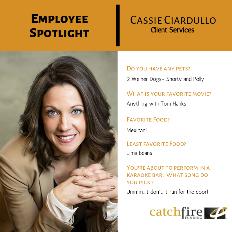 CatchFireFunds's tweet photo. Meet Cassie. She loves her two dogs, Shorty and Polly, and any movie with Tom Hanks. She also just celebrated her five-year anniversary with us! #catchfirefamily #weloveouremployees #teamcatchfire @BillSeagraves https://t.co/AQjSyZoWFe