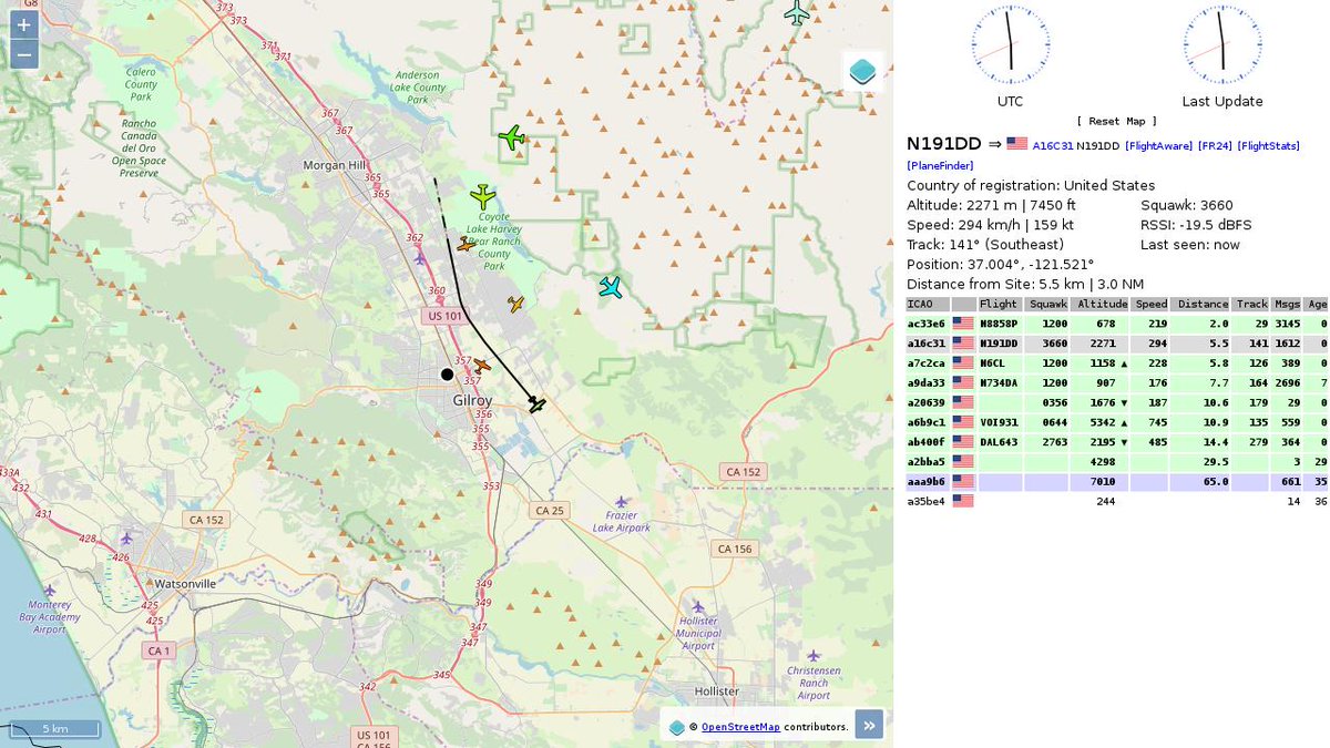 AboveGilroy's tweet photo. #N191DD : 1.9 mi away @ 7450 ft and 37.0° frm hrzn, heading SE @ 184.1mi/h 10:57:49. #ADSB #AboveGilroy https://t.co/kt0yb2PDFb