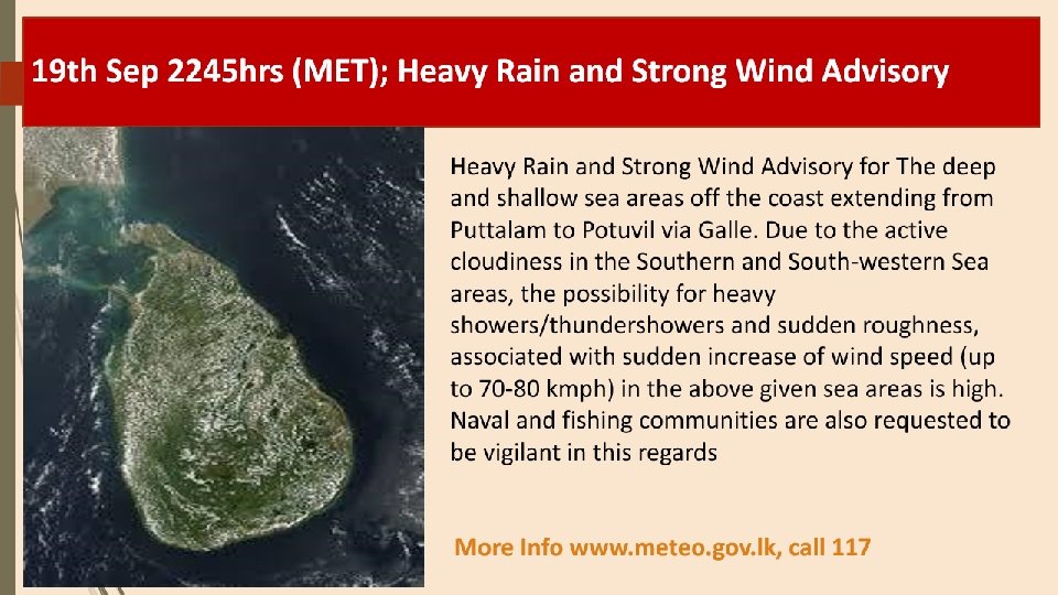 dmc_lk's tweet photo. Heavy Rain and Strong Wind Advisory for The deep and shallow sea areas off the coast extending from #Puttalam to #Potuvil via #Galle. https://t.co/6YdWg3Deja