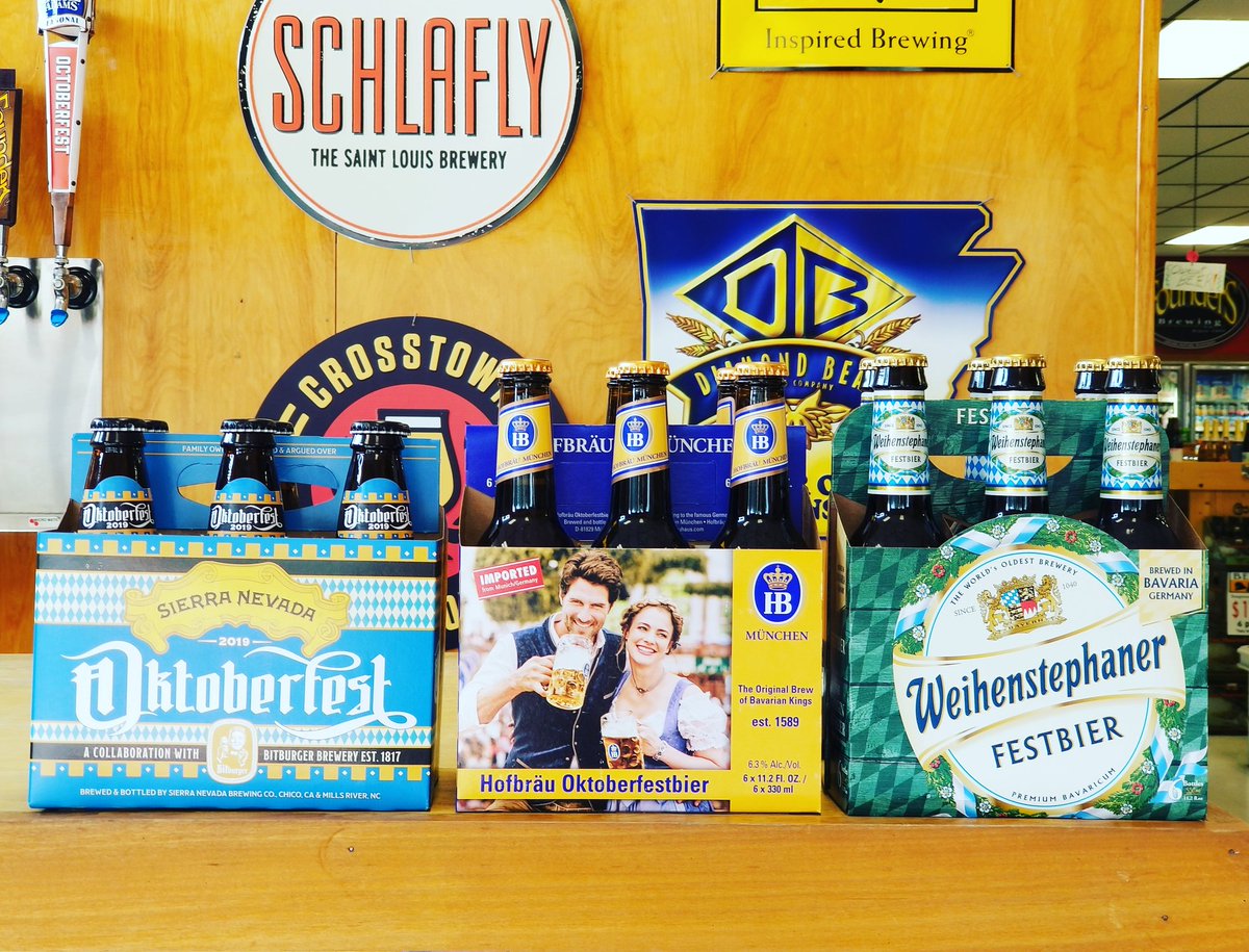 CraftBeer870's tweet photo. It's Octoberfest!!! Here are your Brews of the Week!! Come see me for some samples and save 10% off ALL Craft beer today!! @sierranevada @Bitburger @HofbrauUSA @weihenstephan #ThirstyThursday #CraftBeer #GrowlerBar #Craft #Beer #DrinkLocal #Arkansas #Octoberfest2019 https://t.co/2z6mUpwe27