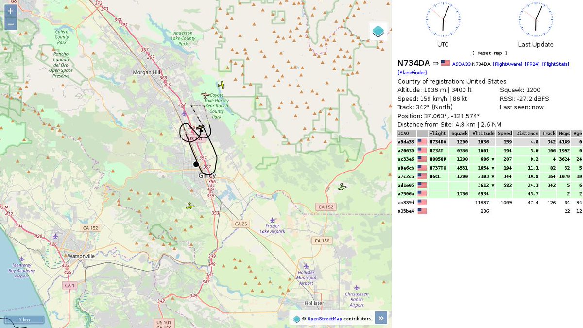 AboveGilroy's tweet photo. #N734DA : 2.2 mi away @ 3250 ft and 15.8° frm hrzn, heading E @ 99.0mi/h 11:02:55. #ADSB #AboveGilroy https://t.co/ZrVpL2TqU3