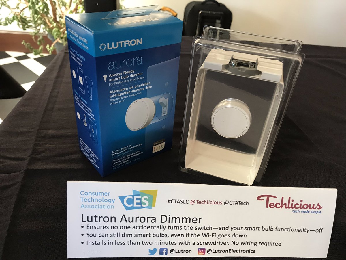 Techlicious's tweet photo. The @Lutron Aurora Dimmer allows you to dim smart bulbs, even when your WiFi is down. And it’s easy to install, no wiring required. #CTASLC @CTATech https://t.co/xJj5AWPx6Q