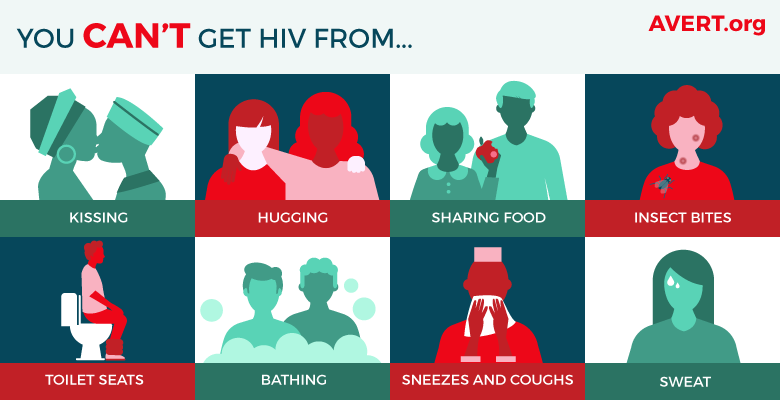 HIV isn't transmitted by saliva, kissing, touching, hugging, sharing food, sharing a toilet seat or sharing a bath. Insects and pets can't transmit HIV7/n