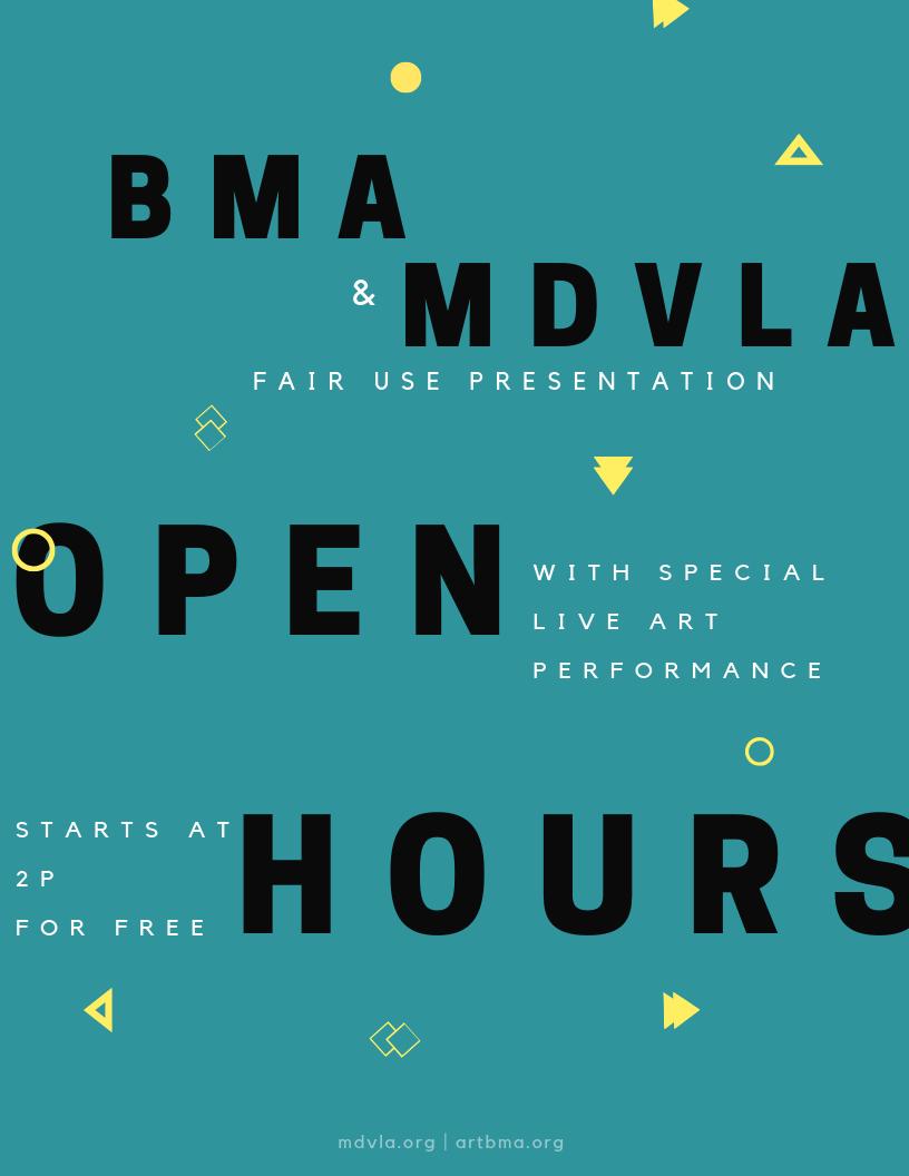 artbma's tweet photo. #BMAOpenHours w/ @MarylandVLA is this Saturday from 2-4pm! Come see the tenets of #fairuse displayed through live beat-making, a #MightyMark performance, and a workshop on legal issues related to #copyright and fair use.

FREE: https://t.co/rQp5B3uvGk https://t.co/8inDve9smO