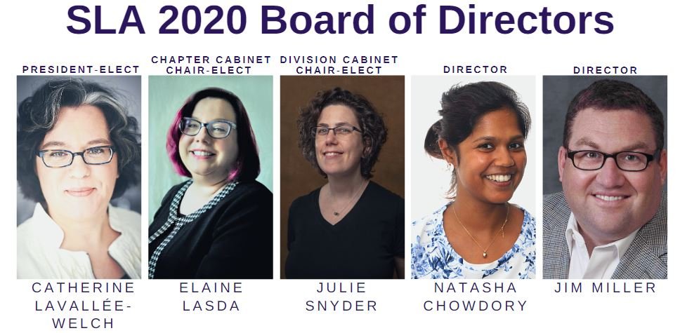 SLAhq's tweet photo. Congratulations to the incoming SLA 2020 Board of Directors: @englib, @ElaineLibrarian, @jwsnyder28, @InfoPro_Tasha, &amp; @jamesfmiller! Thank you to the members who voted in the election, you helped shape the future of SLA! https://t.co/oBN8WNmUF3