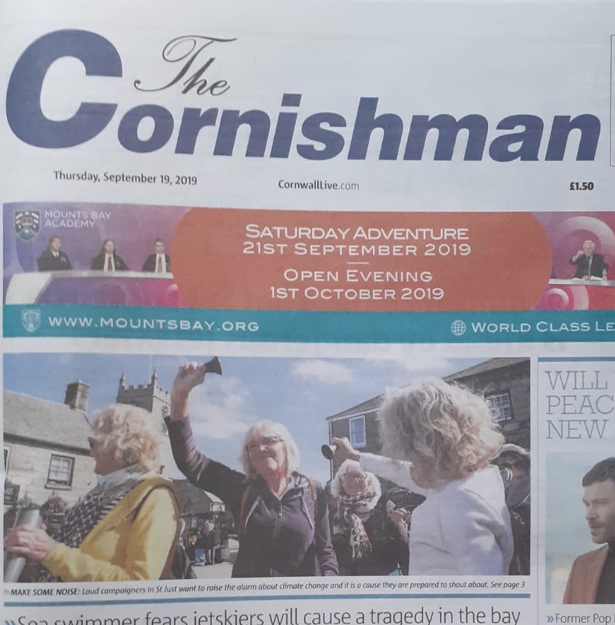 Climate_Alarm's tweet photo. 11.58am on Friday remember to sound your ClimateAlarm for one minute, the launch made front page of The Cornishman and page 3! #ClimateStrike #GretaThunberg #YouthStrike4Climate https://t.co/UKPcA2NRMQ