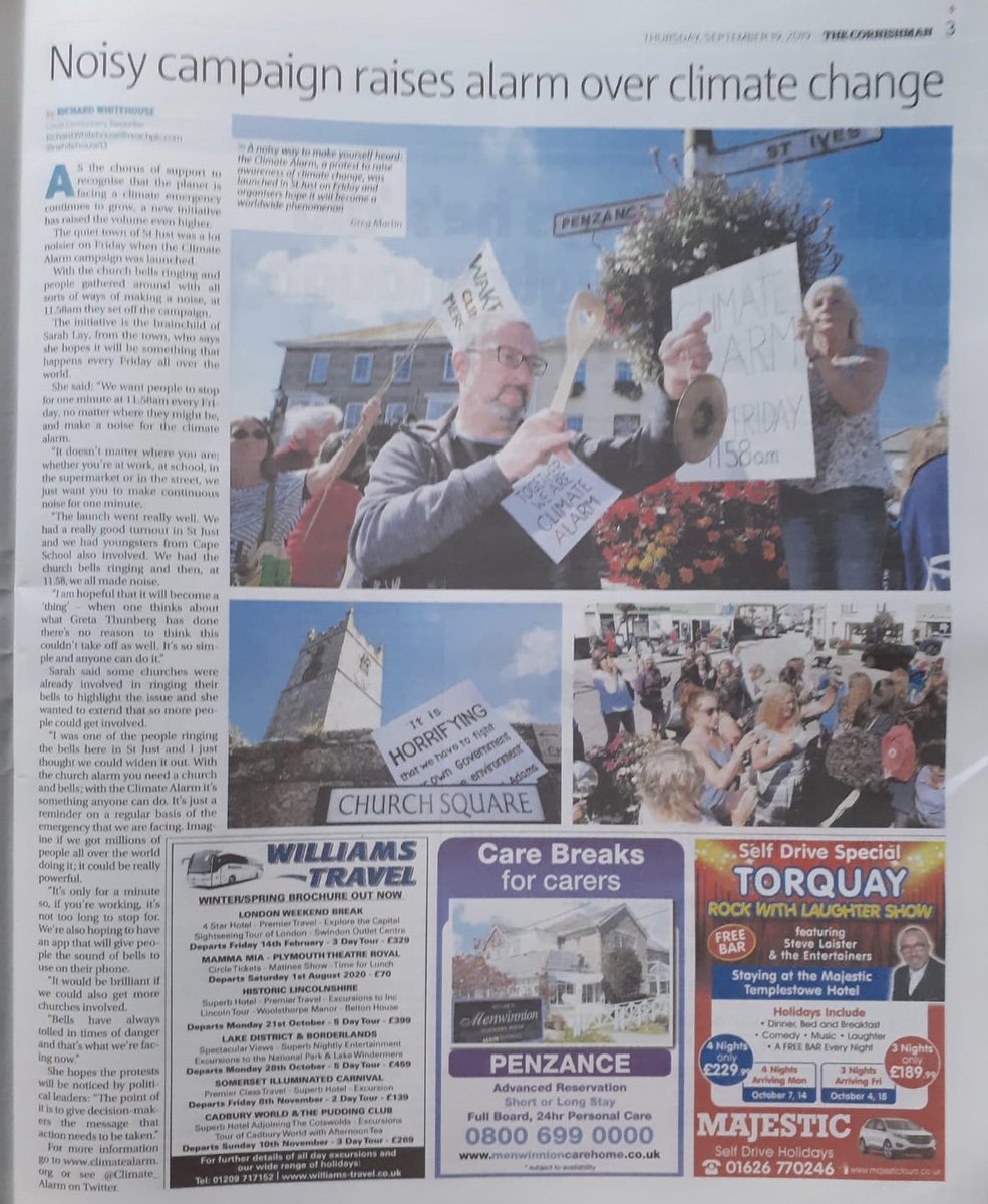 Climate_Alarm's tweet photo. 11.58am on Friday remember to sound your ClimateAlarm for one minute, the launch made front page of The Cornishman and page 3! #ClimateStrike #GretaThunberg #YouthStrike4Climate https://t.co/UKPcA2NRMQ