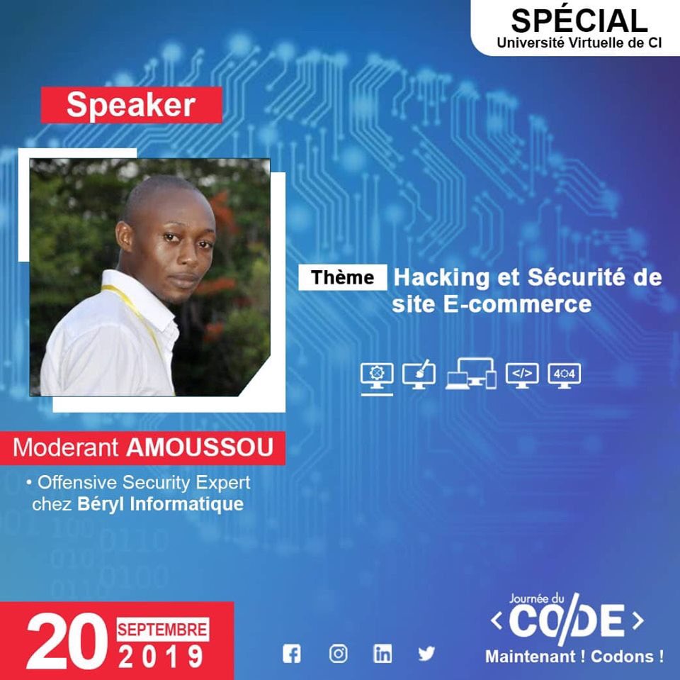 CsiUvci's tweet photo. #J2Code_UVCI
THEME : #Hacking et #Sécurité de site #E_Commerce
Speaker : Moderan Amoussou
#J2CODE #CSI_UVCI #MaintenantCodons #SpécialUVCI 👩🏽💻👨🏾💻👩💻👨🏼💻 @MIANSEH @LeBlogDuHacker @LesEchos https://t.co/xbmNRET4hu