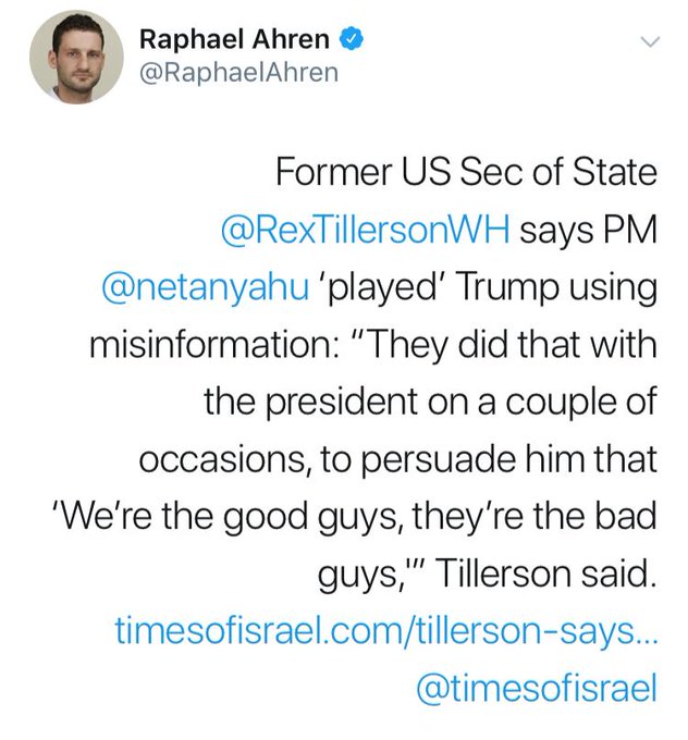 "היינו צריכים להסביר לטראמפ שנתניהו עבד עליו". טילרסון על טראמפ EE2O6QoWwAAZhsB?format=jpg&name=small