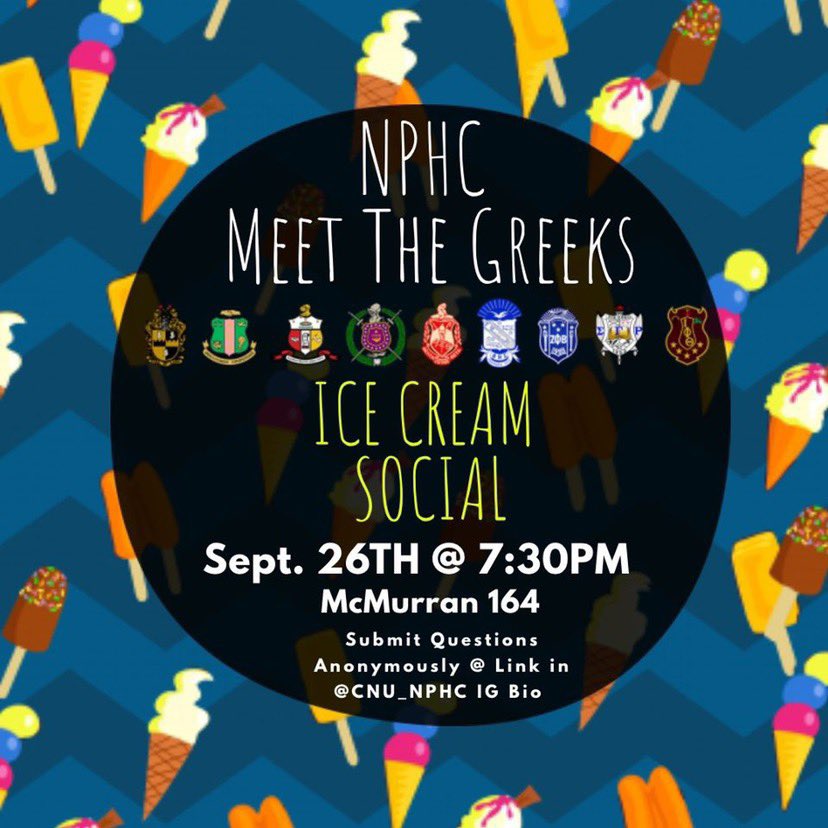 YB_Alphas's tweet photo. Come learn about CNU’s NPHC while enjoying some ice cream 🍦! We’ll be answering questions and letting you know more about our council and organizations 🦍🐸🐰🐶🐘🐺🕊🐩🐎! Submit questions anonymously here https://t.co/PJA3V8wPpW link is also in @CNU_NPHC bio! https://t.co/jem3eqCJIJ