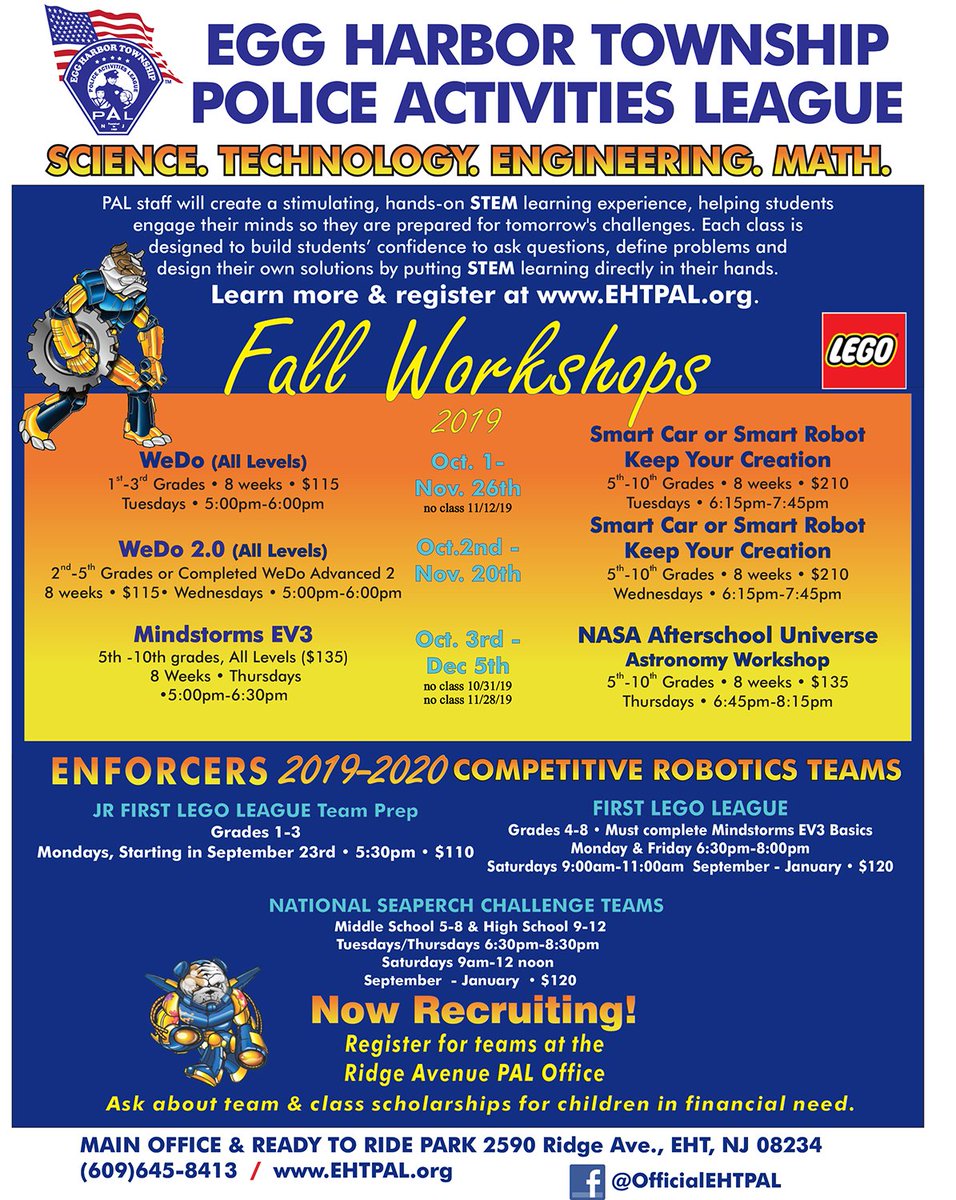Check out our Fall #STEM #robotics #workshops 
#EHT #EHTPAL #EggHarborTownship #PoliceActivitiesLeague #EveryKidNeedsAPal #PAL #EggHarborTownshipPAL #RoboticsTeams