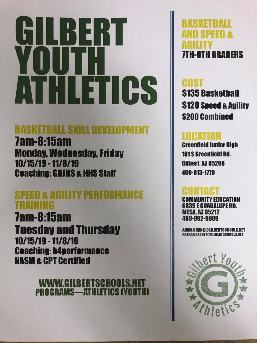 REGISTER NOW!!! GIlbert Youth Athletics is partnering with ⁦@GrJHSGrizz⁩ to provide an exceptional athletic training opportunity for all JH students. 4-weeks of speed/agility along with basketball skill dev is a great way to prep for the upcoming season.Choose one or both.