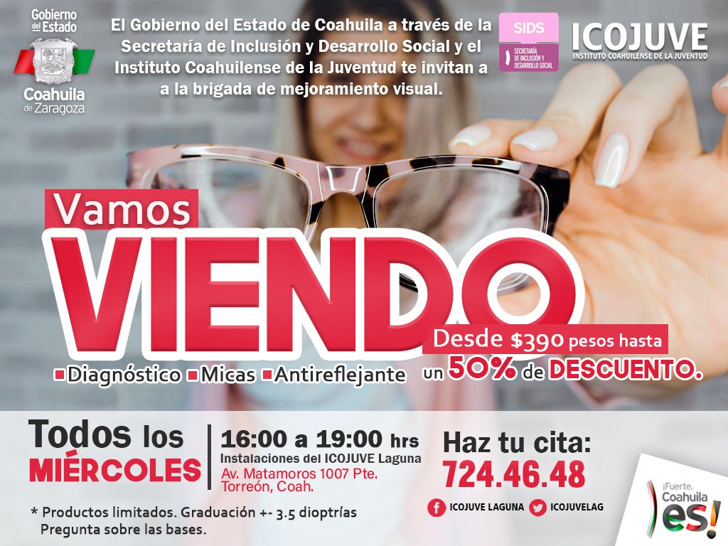 icojuvelag's tweet photo. Te invitamos a la brigada de mejoramiento visual “VAMOS VIENDO” 👓, dónde podrás realizar el diagnóstico de tu vista y adquirir lentes a bajo costo hasta con un 50% de descuento. 

🏁Iniciamos| Miércoles 2 de octubre, a partir de las 16:00 hasta las 19:00 hrs. https://t.co/kTsVraqkFN