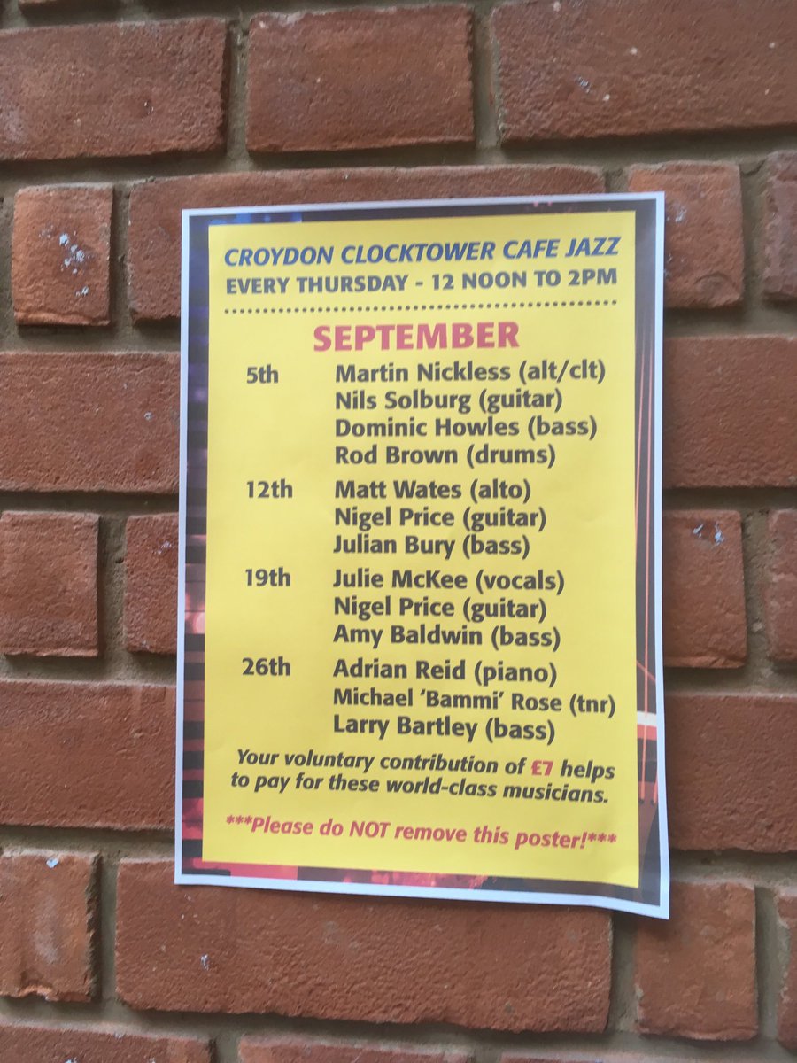 LyndaJGraham's tweet photo. Thank you ⁦@CroydonLibs⁩ #CroydonClocktower and the one- man organiser for wonderful Thursday jazz sessions. Special thanks to ⁦@JulieMcKeeMusic⁩ Amy Baldwin &amp; Nigel Price today. A joy! https://t.co/uC4oqUrrzt