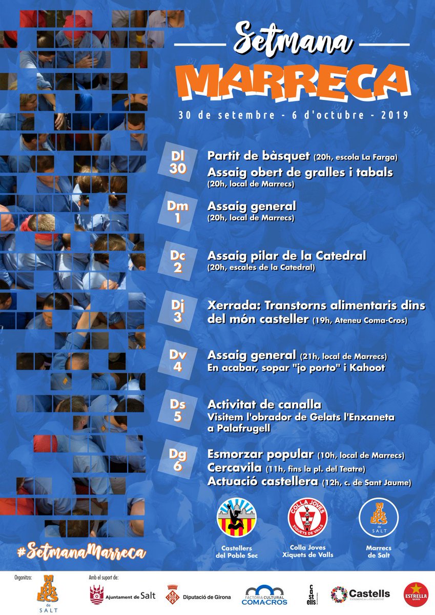 Marrecs's tweet photo. Reserveu-vos del 30/9 al 6/10, que arriba la #SetmanaMarreca! Xerrades, activitats esportives i per la canalla, diada castellera amb @bandarres i @JovesValls...
Estigueu atents a les nostres xarxes, que tenim sorpreses preparades!
#OrgullMarrec #ViuSalt #castellers https://t.co/Kg85kXbS6w