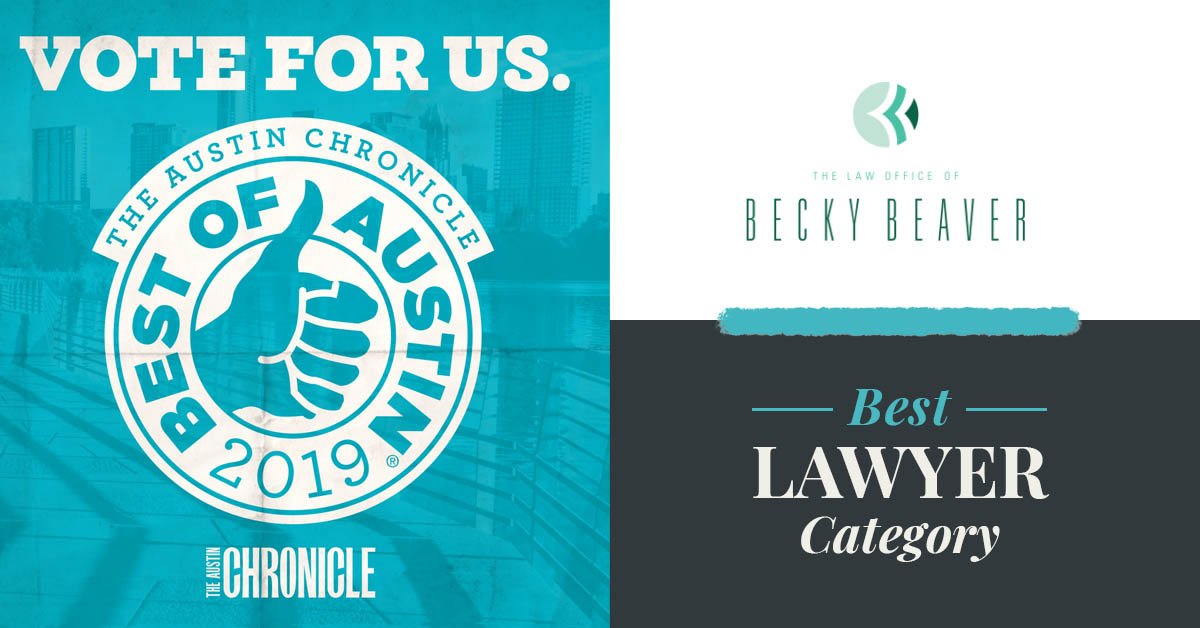 beckybeaverlaw's tweet photo. Thank you, Austin, for making the Law Office of Becky Beaver a finalist in the "Best Lawyer" category of @AustinChronicle's Best of Austin 2019 Awards. Visit  https://t.co/BFjo6vgMCW and select "Becky Beaver (Law Office of Becky Beaver)" in the Lawyer category. Thanks again! https://t.co/qVZOJSQEPJ