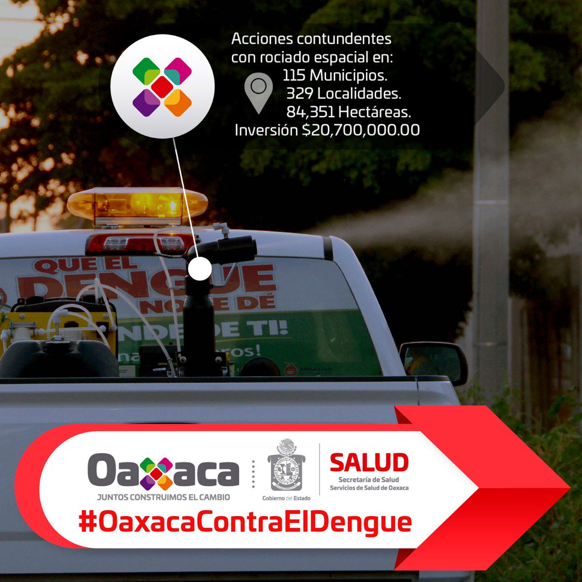 3Tuxtepec's tweet photo. En las 8 regiones de nuestro estado estamos trabajando incansablemente.
Nuestro principal objetivo es fortalecer el combate contra el mosquito vector que transmite las enfermedades del Dengue, Zika y Chikungunya. @Donato_Casas  @GobOax  @alejandromurat  #OaxacaContraElDengue https://t.co/ym1yluOiYk