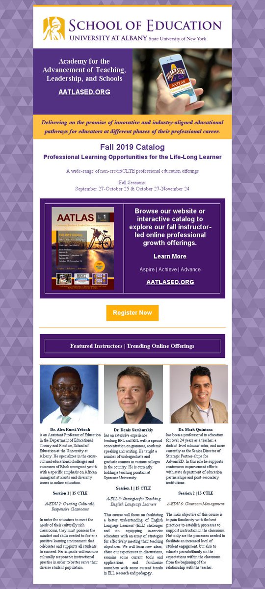 AATLAS_ED's tweet photo. Trending Fall Online Offerings and More...
@UAlbanyEDU #PD #CTLE #ProfessionalDevelopment #teachersoftwitter #CapRegionBOCES https://t.co/MeC8fp0iZ8