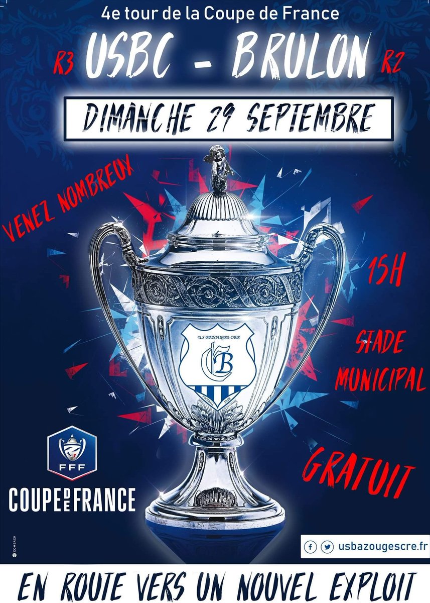 UsBazouges's tweet image. #CoupedeFrance

⚽️ Soyez présents pour encourager l'US Bazouges-Cré

🏆Coupe de France, 4e tour

USBC - Patriote Brulonnaise (R2)

📆Dimanche 29 septembre
⌚️15 h 00
🏟Stade Municipal, Bazouges-Cré/Loir

Un match 100% sarthois à ne pas manquer.

#AllezUSBC 🔵⚪️
