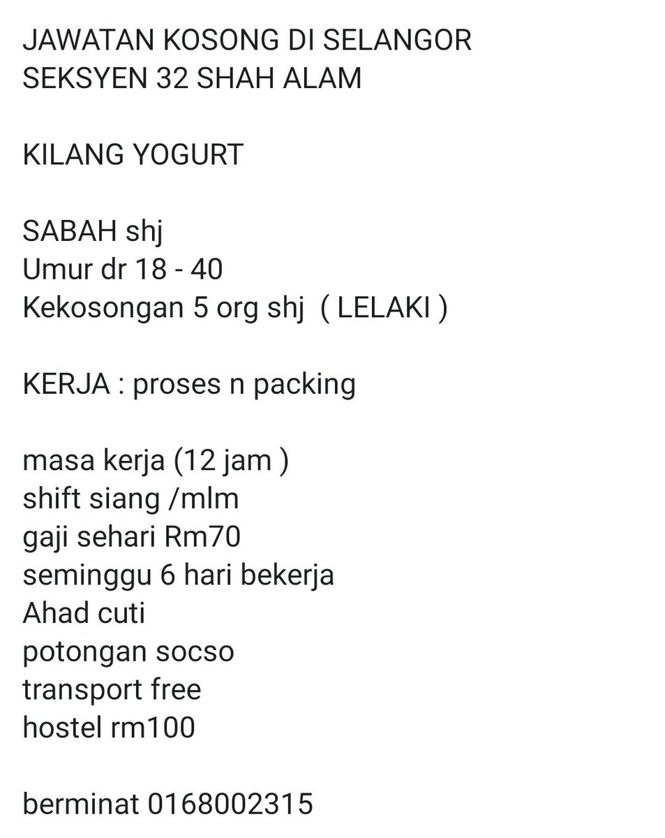 Lily On Twitter Kerja Kosong Shah Alam For Sabahan Only Oh Kerjakosong Kkcity