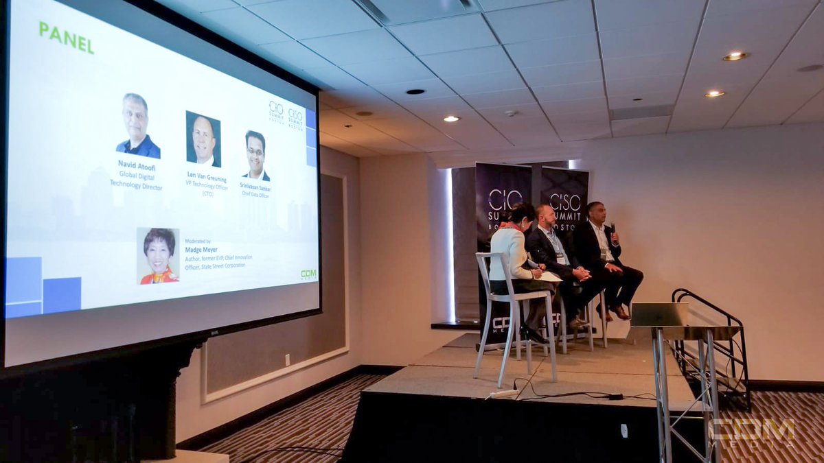 CDMmedia's tweet photo. What are the significant changes regarding the role of the #CXO? Feature Panel speakers Navid Atoofi @SchneiderElec, Len Van @johnhancockusa, Srinivasan Sanker @The_Hanover, and MC Madge Meyer discussing "The Revitalizing Change in the Role of the CXO". #cioboston #cisoboston https://t.co/IT3Cx5li2J
