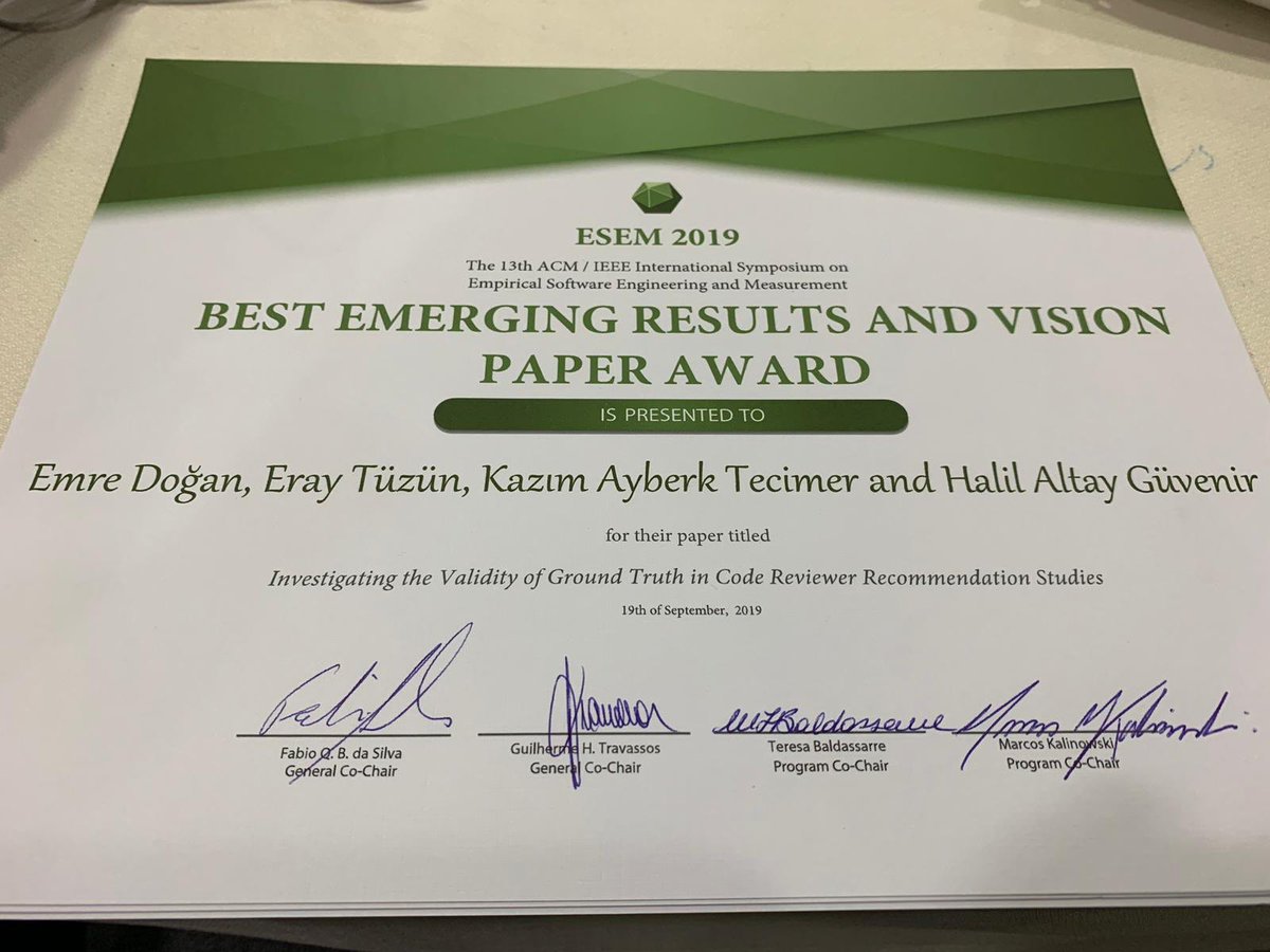 eraytuzun's tweet photo. Our paper “Investigating the Validity of Ground Truth in Code Reviewer Recommendation Studies” got the Best Emerging Results and Vision Paper award #eseiw2019 @ESEM_conf @mrdogan7 @HAltayGuvenir @AyberkTecimer Full paper is at: https://t.co/Q8yjvvoW3N https://t.co/ioMCGZ9dnb