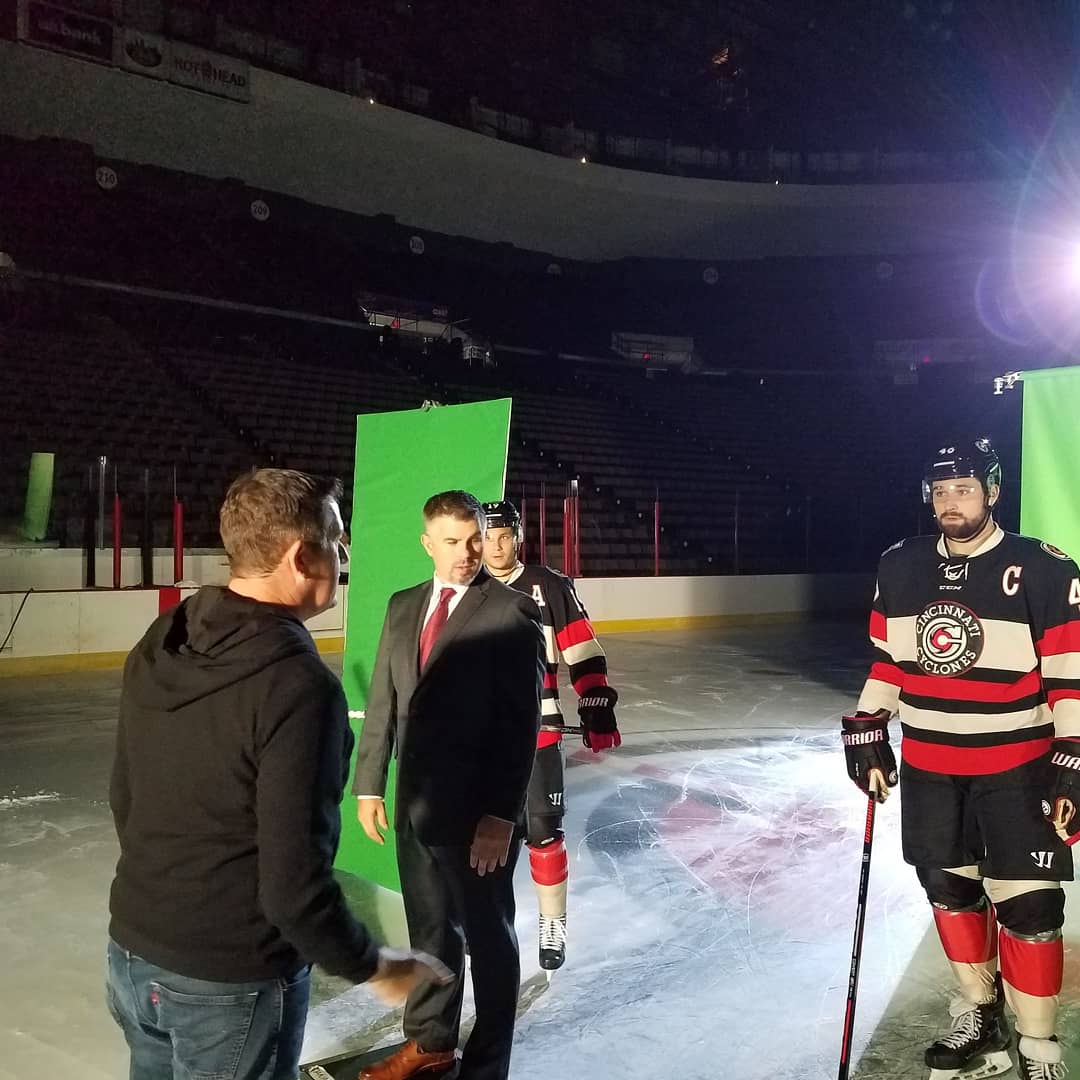 CincyCyclones's tweet photo. We shot the #CincyCyclones pregame intro video today, and we can't wait to show it off! See it for yourself at #FirstFaceOff on October 12! https://t.co/dYarKz3VRU
